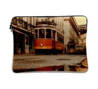 Linen Look Computer and Tablet Case - Tram Reflects in Water in the Rue de Lisbon - 10 Inches Protective Laptop Sleeve Printed in France