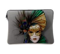 Linen Look Computer and Tablet Case - Venice Carnival Mask White Green and Gold - 10 Inches Protective Laptop Sleeve Printed in France