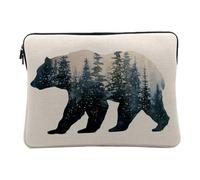 Linen Look Computer and Tablet Case - Watercolour Bear and Forest Illustration Nature Ink Painting - 10 Inches Protective Laptop Sleeve Printed in France
