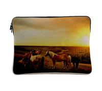 Linen Look Computer and Tablet Case - Wild Horses in Front of Forest and Rising Sun Landscape Nature - 14-15 Inches Protective Laptop Sleeve Printed in France