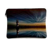 Linen Look Computer and Tablet Case with Red and White Lighthouse on Sea Calm Sun Rising 14-15 Inches Protective Laptop Sleeve Printed in France