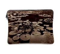 Linen Look Computer and Tablet Case with Water Lilies Pond Old Black and White Photo of a Country Nature 14-15 Inches Protective Laptop Sleeve Printed in France