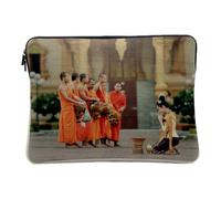Linen Look Computer and Tablet Case - Woman Paying Homage to Laos Buddhist Monks - 12-13 Inches Protective Laptop Sleeve Printed in France