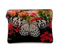 Linen Look Computer Tablet Case - Black and White Butterfly on Red Flowers Wild Nature - 14-15 Inch Laptop Protective Case Printed in France
