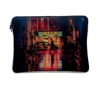Linen Look Computer Tablet Case - Neon Tokyo Street in Rain Japan City Landscape - 10" Laptop Protective Case Printed in France