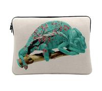 Linen Look Computer Tablet Case - Sakura Chameleon Collage Vintage Illustration Art Humor Animal Parody - 14-15 Inch Laptop Protective Case Printed in France