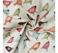 Linen Look Fabric - Bright Multi Scandi Bird Print - Cotton Rich Canvas Upholstery Fabric Material Metre - 140cm Wide