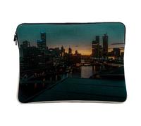 Linen Look Laptop Case for Computer and Tablet - Building with a Sunset Urban Landscape - 14-15 Inches Protective Laptop Sleeve Printed in France