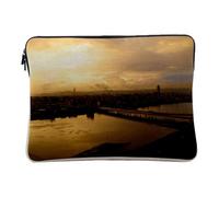 Linen Look Laptop Case for Computer and Tablet - City at Sunset Time Bridge Crossing the River Golden Sky - 14-15 Inches Protective Laptop Sleeve Printed in France