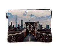 Linen Look Laptop Case for Computer and Tablet - Fireman Crossing Brooklin Bridge New York USA - 12-13 Inches Protective Laptop Sleeve Printed in France