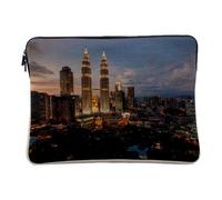 Linen Look Laptop Case for Computer and Tablet - Kuala Lumpur Towers Night Light City Malaysia - 12-13 Inches Protective Laptop Sleeve Printed in France