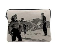 Linen Look Laptop Case for Computer and Tablet - Retro Ski Vintage Mountain Style Winter Sport 70's - 10 Inches Protective Laptop Sleeve Printed in France