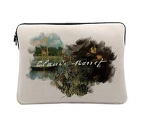Linen Look Laptop Case - Monet Signature Painting Famous Painter Artist Impressionism Landscape Nature Romanticism - 14-15 Inches Laptop Protective Sleeve Printed in France