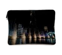 Linen Look Laptop Case - Night Fountain in Front of Dubai Tower Cityscape - 12-13 Inches Protective Laptop Sleeve Printed in France