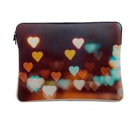 Linen Look Laptop Case with Blurred Lights of Cities in the Shape of Hearts - 12-13 Inches Protective Laptop Sleeve Printed in France