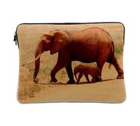 Linen Look Laptop Case with Elephant and Baby Savannah Wild Animals Africa 10 Inches Protective Laptop Sleeve Printed in France