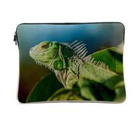 Linen Look Laptop Case with Green Iguana on Branch 12-13 Inches Protective Laptop Sleeve Printed in France