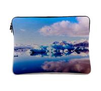 Linen Look Laptop Case with Lake Blue Landscape during the Defrost at the Foot of the Mountain 10 Inches Protective Laptop Sleeve Printed in France