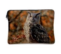 Linen Look Laptop Case with Owl on a Branch in Autumn Forest Wild Animal Design 14-15 Inches Protective Laptop Sleeve Printed in France