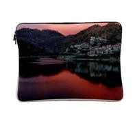 Linen Look Laptop Case with Red Sunset on a Mountain Village by a Lake - 12-13 Inches Protective Laptop Sleeve Printed in France