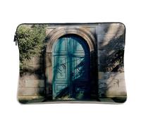 Linen Look Laptop Case with Vintage Blue Door Romanesque Monument Architecture 10 Inches Printed in France