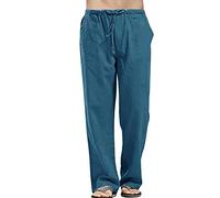 Linen Lounge Trousers for Mens - Lightweight Activewear Loose Fit Trousers Solid Sports Pants Jogging Bottoms Wide Legs Track Pants Outdoor Hiking Pant Elasticated Waist Drawstring Trousers XXXL Blue