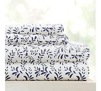 Linen Market Easy Care Double Brushed Microfiber 16" Deep Pocket 4 Piece Bed Sheet Set, Burst of Vines Navy, King