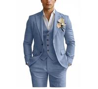 Linen Mens Suits 3 Piece Slim Fit Tuxedo Suit for Men Beach Wedding Prom, Dusty Blue, S