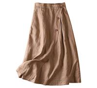 Linen Midi A-Line Skirt for Women With Back Elastic Waist - Casual Button Diagonal Boho Solid Color Summer Swing Flowy Wrap