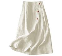 Linen Midi A-Line Skirt for Women With Back Elastic Waist, Diagonal Casual Button, Boho Solid Color Summer Swing Flowy Wrap