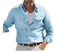 Linen Military Shirts for Men UK Long Sleeve Tactical Button Up Cargo Work Shirts Blouses Outdoor Fishing Travel Hiking Overshirts Outerwear Sky Blue