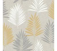 Linen Palm Ochre and Grey Wallpaper White Metallic Arthouse