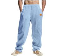 Linen Pants for Men Solid Color Straight Beach Trousers Pockets Elastic Waist Long Trousers Breathable Pants A-034 Light Blue XXL