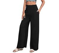 Linen Pants Women Comfy Baggy Wide Leg Pants Summer Flowy Smocked High Waisted Palazzo Beach Pants Trousers with Pockets(Black,Large)