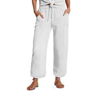 Linen Pants Women's Summer Nine Quarter Muslim Pants Lightweight Linen Summer Trousers with Pockets Casual Trousers Elastic and Comfortable Fabric Pant Sports and Leisure Beach White