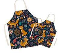 Linen Parent and Child Cooking Apron - Cute Fox Pattern Mum and Kids Apron, Mummy Son Daughter Aprons for Cooking Baking Painting Party