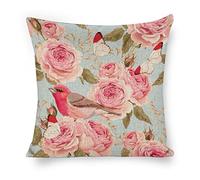 Linen Pillow Case Blue Pink Rose Bird Pattern 18x18 Inch Double Sided Decorative Cushion Cover for Sofa Bed Chair Car