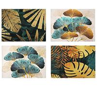 Linen Placemats Placemats Petrol Gold Ginkgo Biloba Pattern Washable Fabric Place Mats Place Mat for Table Decorations Cafe Home Dining Room Kitchen Decorations 18 x 13 Inches Set of 4