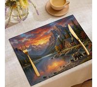 Linen Placemats Set of 4, Placemats for Dining Table Kitchen 30x45cm Wooden House Wild Bear Decor Heat Resistant Table Mats Non-Slip, Forest Dusk