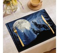 Linen Placemats Set of 6, Placemats for Dining Table Kitchen 30x45cm Moonlit Night Wolf Howl Decor Heat Resistant Table Mats Non-Slip, Fantasy Forest