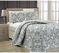 Linen Plus King/California King 3pc Reversible Oversized Bedspread Set Medallion Print Light Grey White Black New