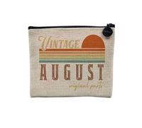 Linen Pouch - Birthday Celebration Idea Birthday Gift English Retro Vintage Month - Linen Look Canvas Makeup Bag - Toiletry Bag - Coin Purse, August, 15 x 10 cm, Makeup Bag