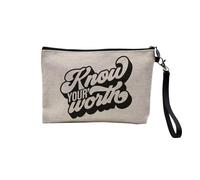 Linen Pouch - English Wellness Quote Collection Typography Message Self Care Mental Health - Linen Look Canvas Make-Up Bag - Toiletry Bag - Coin Purse, Know Your Worth, 23.5 x 15 cm, Makeup Bag
