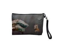 Linen Pouch - Geek Pixel Art Retro Gaming Video Games Vintage Fantasy Dragon Illustration - Linen Look Canvas Makeup Bag - Toiletry Bag - Coin Purse, Sharks, 23.5 x 15 cm, Makeup Bag