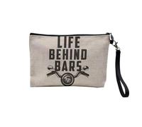 Linen Pouch - Motorcycle Biker Racing Cafe Racer Big Bike Motocross Bikers - Linen Look Canvas Make-Up Bag - Toiletry Bag - Coin Purse, Behind Bars, 23.5 x 15 cm, Makeup Bag