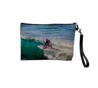 Linen Pouch - Photo Collection of Sea Wave Underwater Boat World Sailing Boat Diving Surf Holiday - Linen Look Canvas Makeup Bag - Toiletry Bag - Coin Purse, Surf, 23.5 x 15 cm, Makeup Bag