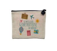Linen Pouch - The Best of the World Collection - Passion Craft Leisure Sport Collegue Family - Linen Look Canvas Make-Up Bag - Toiletry Bag - Coin Purse, Globetrotter, 15 x 10 cm, Makeup Bag