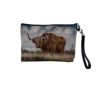 Linen Pouch - Wild Animals Meadow Fields Animals Breeding Cow Wolf Bear Nature Animal Photo - Linen Look Canvas Makeup Bag - Toiletry Bag - Coin Purse, Bull Woolly, 23.5 x 15 cm, Makeup Bag