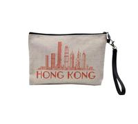 Linen Pouch - World Cities Collection Minimalist Travel Tourism Postcard - Linen Look Canvas Makeup Bag - Toiletry Bag - Coin Purse, Hong Kong, 23.5 x 15 cm, Makeup Bag