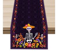 Linen Purple Day of The Dead Table Runner Dia De Los Muertos Tablecloth Mexican Halloween Sugar Skull Home Kitchen Dining Table Decorations 13x72 Inch